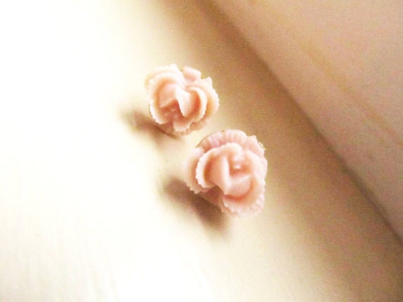 light pale pink Floral Stud Earrings -Flower Earring Post-Little Tiny Soft light pink Cabbage Rose Posts- Great gift for the holiday