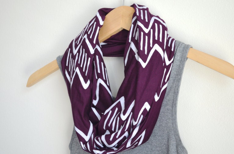 INFINITY SCARF - Screen Printed - White Zig-Zag Print on Plum