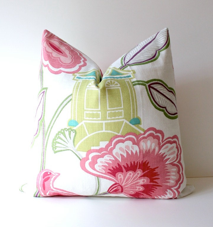 Green Pink Plum Floral Designer Pillow Cover 20 Accent Cushion emperor's garden flowers hollywood regency pagoda birds kiwi raspberry