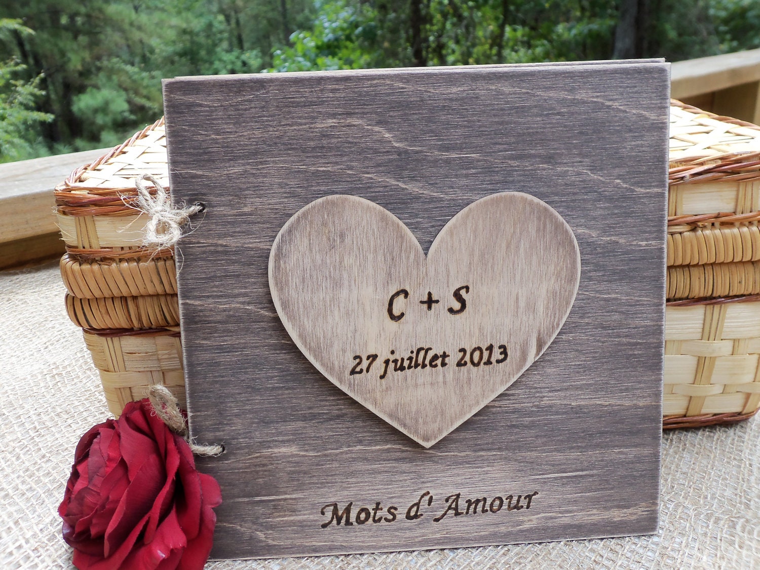 Rustic Wedding Guest Book - French Country Chic - Stained Wood Guest Sign-In Book with Large Personalized Heart Stained and Distressed