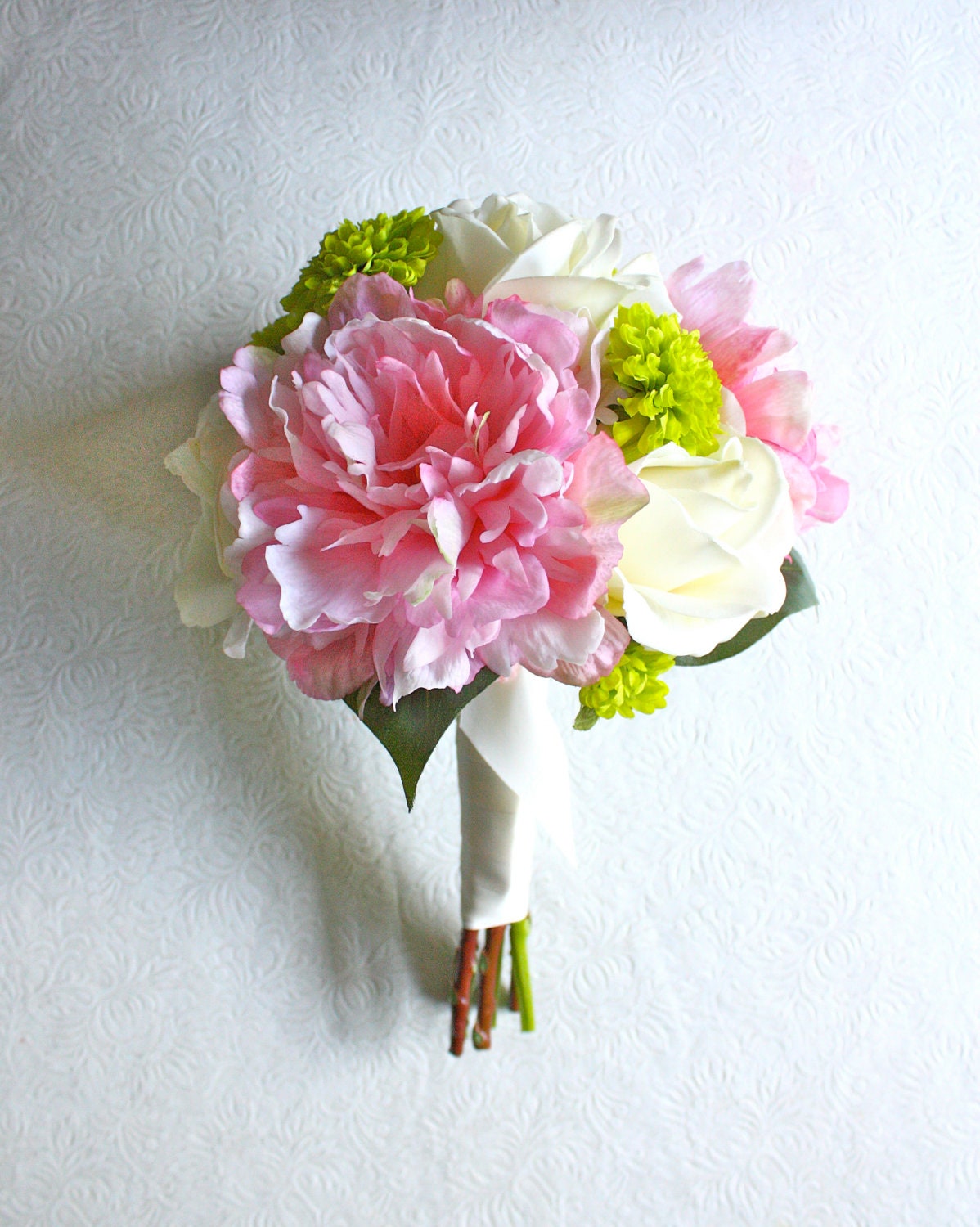 Peony and Mums Bouquet (Pink, Ivory, Green, Chartreuse) 8'' across Real Touch Peony Bridal Bouquet