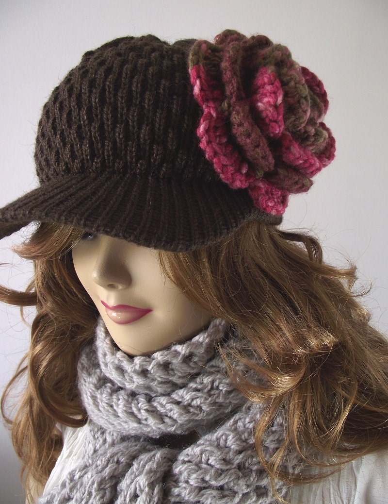 Crochet Hat, Newsboy Beanie Hat, Brown Winter Hat with Crochet Flower, Wool Woman Hat, Handmade