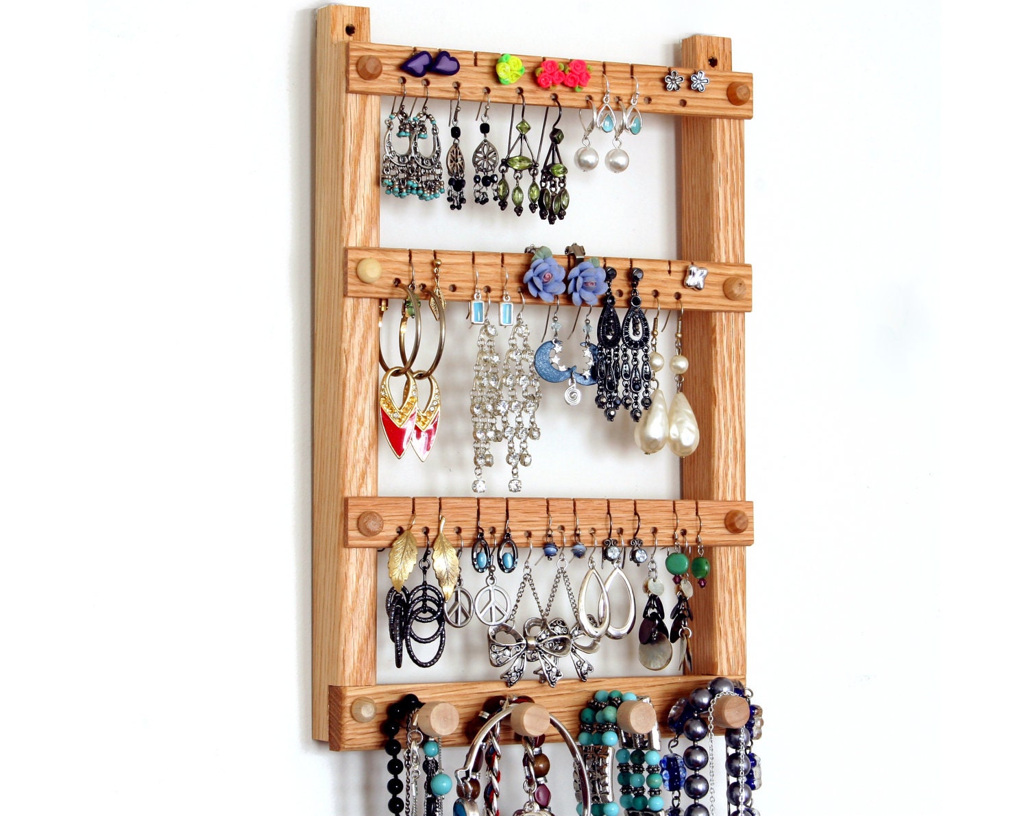 Earring Holder, Jewelry Organizer, Oak, Wood, Hanging, Necklace Organizer. Wall Mounted. 30 pairs, 4 pegs. Jewelry Display