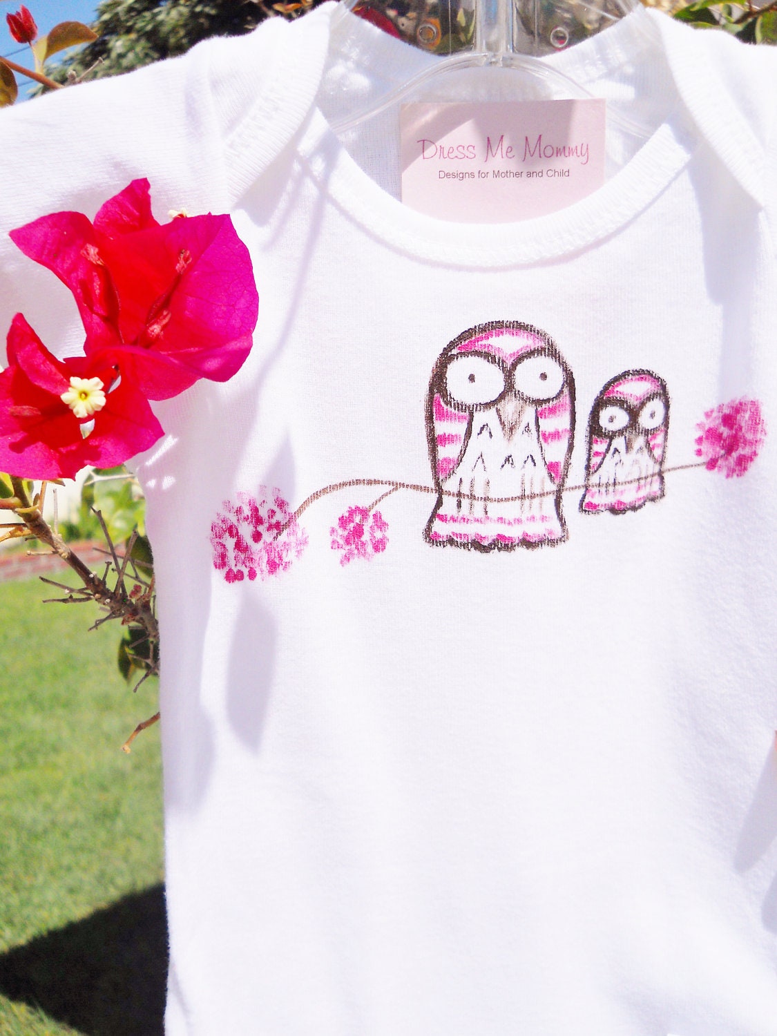 Children Mother Owl Baby Toddler T-Shirt or Baby Onesie Pink Flowers Hand Painted