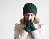 Matching Crochet Hat and Fingerless Gloves for Women - Green, Adult Beanie,