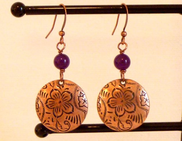 Gypsy, Bohemian, Etched Flower Copper Dangle Earrings.