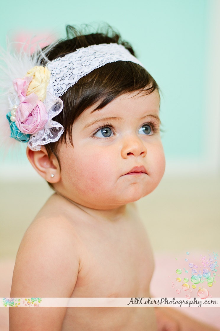 Vintage Lollipop Shabby Chic Headband - Rosette Baby Girl Headband in White, Blue, Pink and Yellow - All Ages Headband - Great Photo Prop