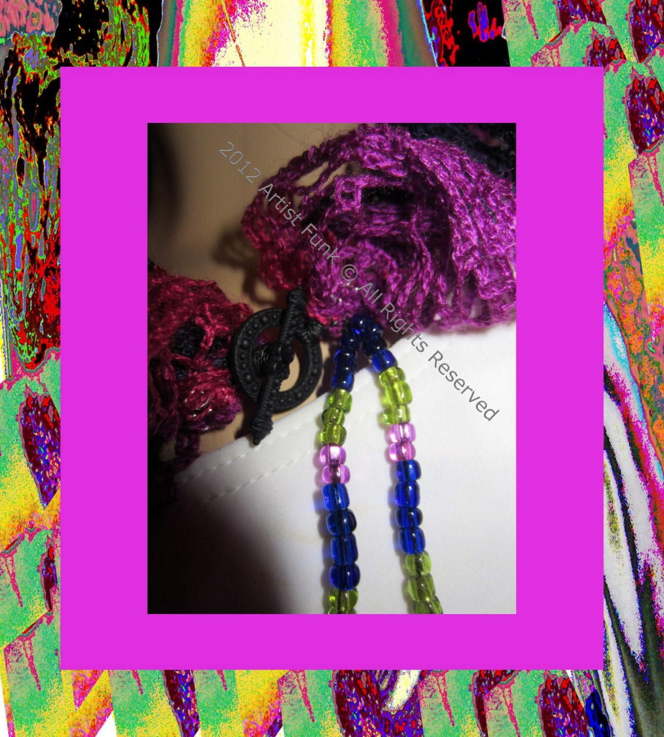Funky Handmade Scarves , Colorful Funky Scarflette With Black Toggle Beaded Closure