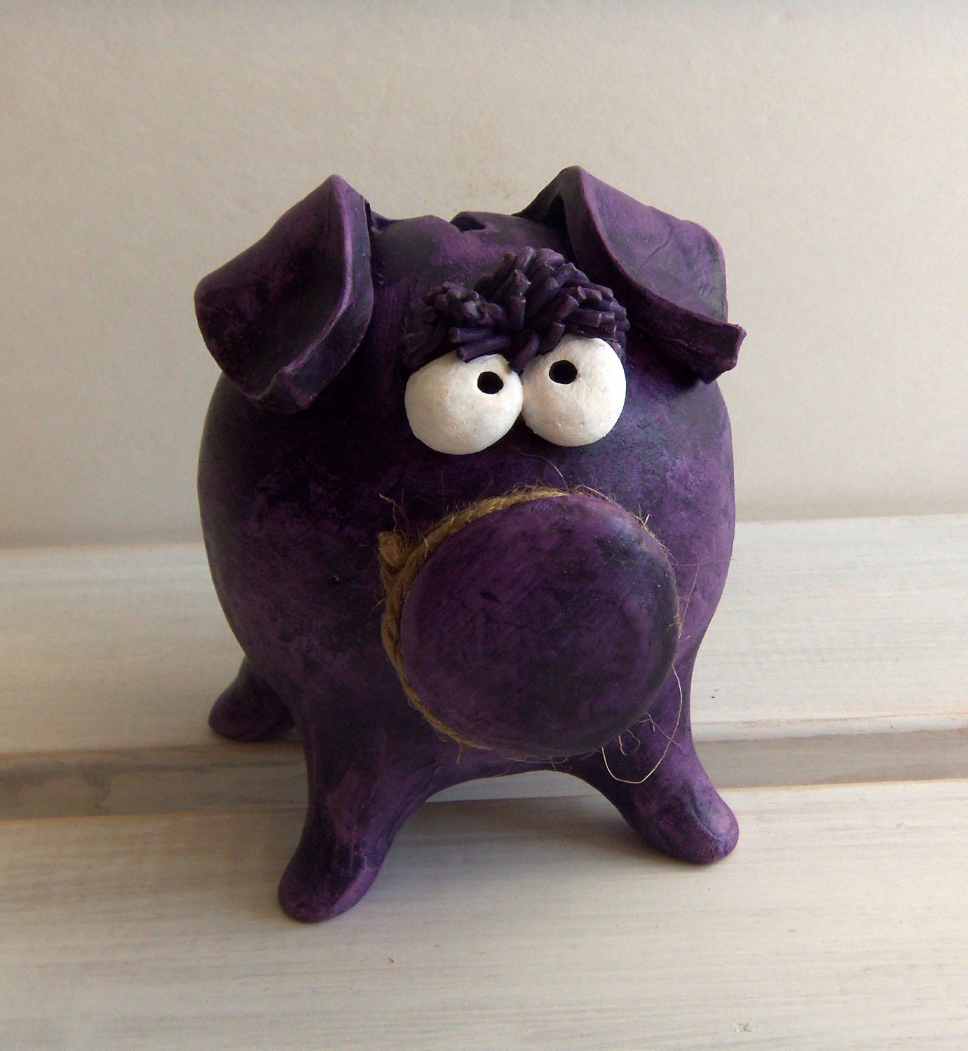 BABY BOY SHOWER Clay Piggy Bank -- Purple Patina and Funky Eyes