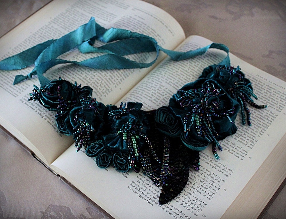 YOURS TRULY Teal Velvet Beaded Statement Necklace Wearable Art