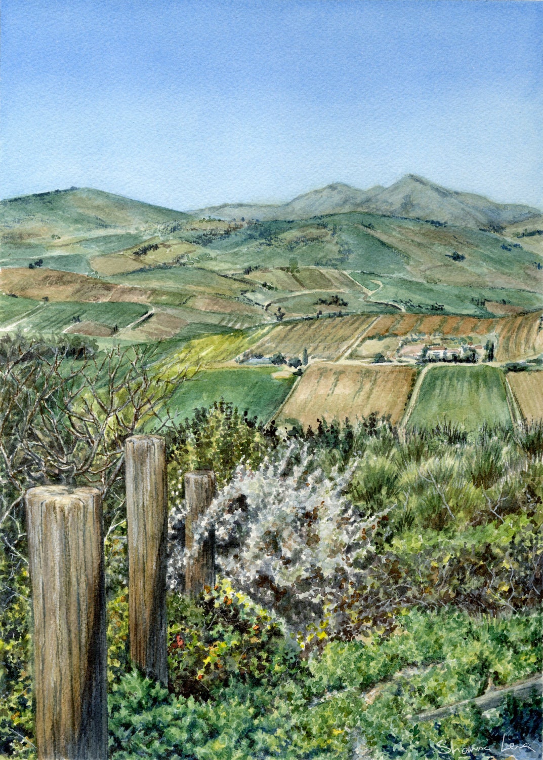 Watercolor of Sicily - Sicilian Farmland - Illustration Digital Print