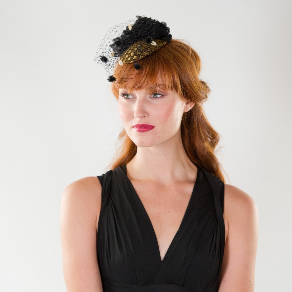 Gold Metallic Polka-Dot Leopard Print Teardrop Cocktail Fascinator
