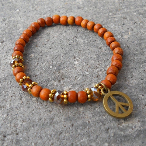 Peace, wood, crystal and peace charm mala bracelet