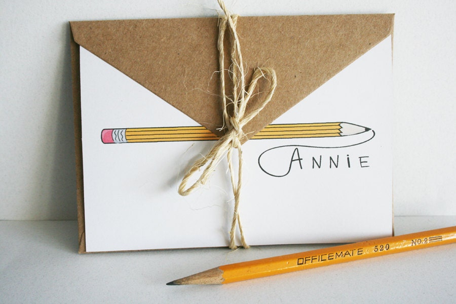 Personalized Pencil Stationery -- A N N I E -- Contemporary Stationery Set of 12 Custom Notes & Envelopes