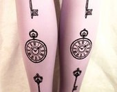 Pocket-Watch Keys Printed Tights Medium Tall Black on Lavender Lilac Pastel Goth Purple