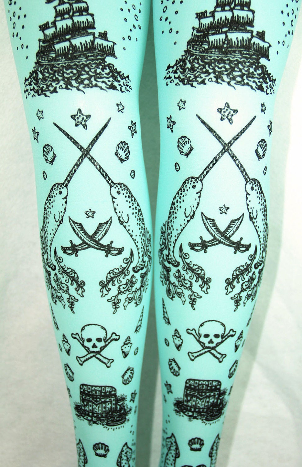 Pirate Printed Tights Semi Opaque Small Medium Black on Light Blue Pastel Narwhal Tattoos Womens Sailor