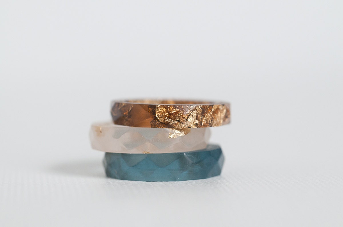 blue and gold size 3 thin multifaceted eco resin ring - RosellaResin