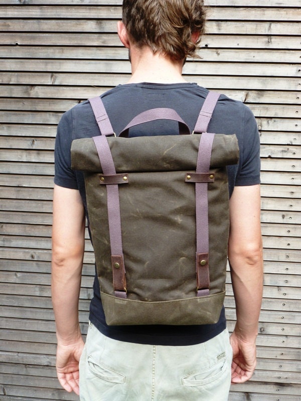 Waxed canvas rucksack/backpack with roll up top and double waxed bottem UNISEX