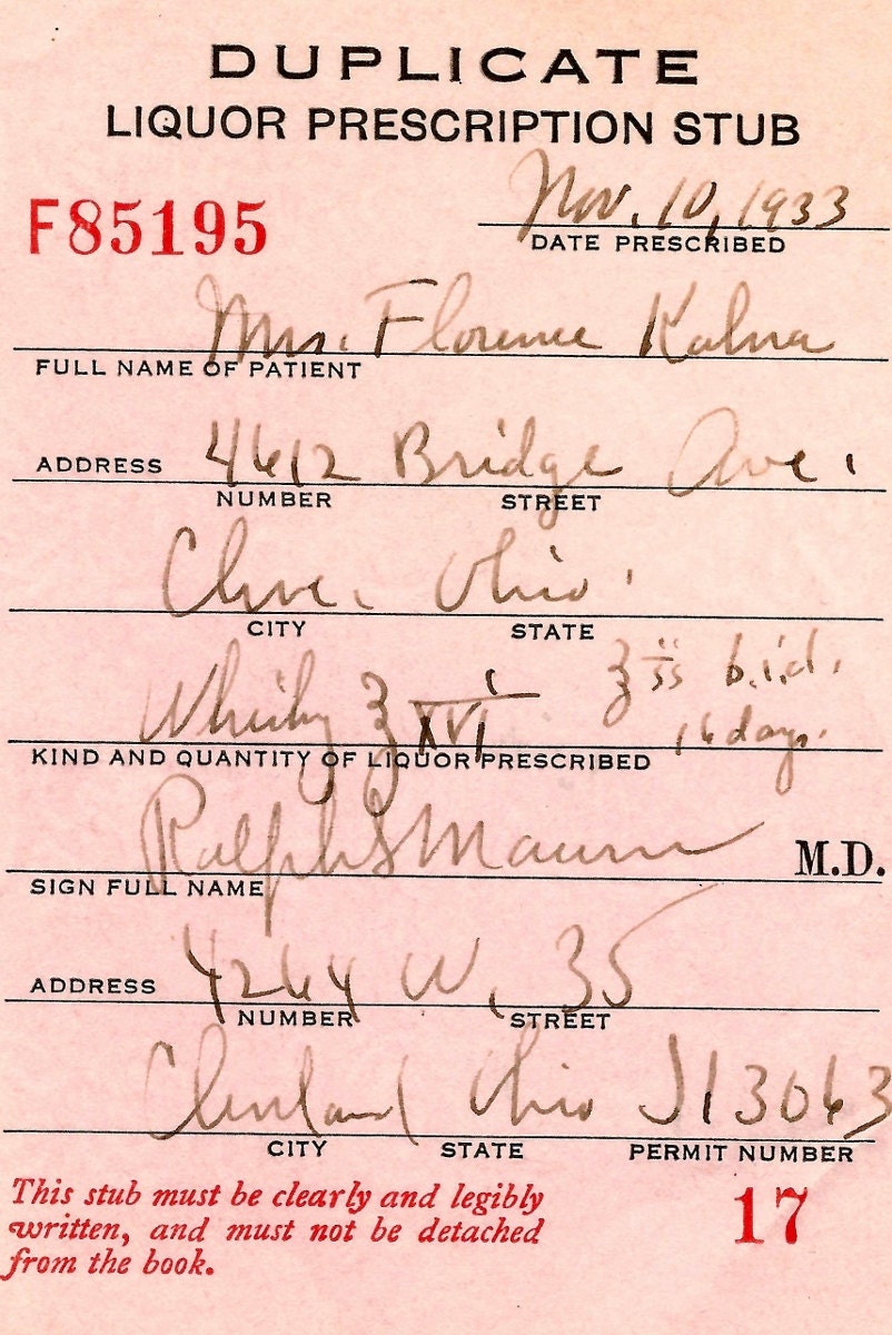 Vintage 11/10/33 PROHIBITION WHISKEY Mrs. Forence Kahn Dr. Ralph Mann Prescription Stub Cleveland OH Pharmacy Bar