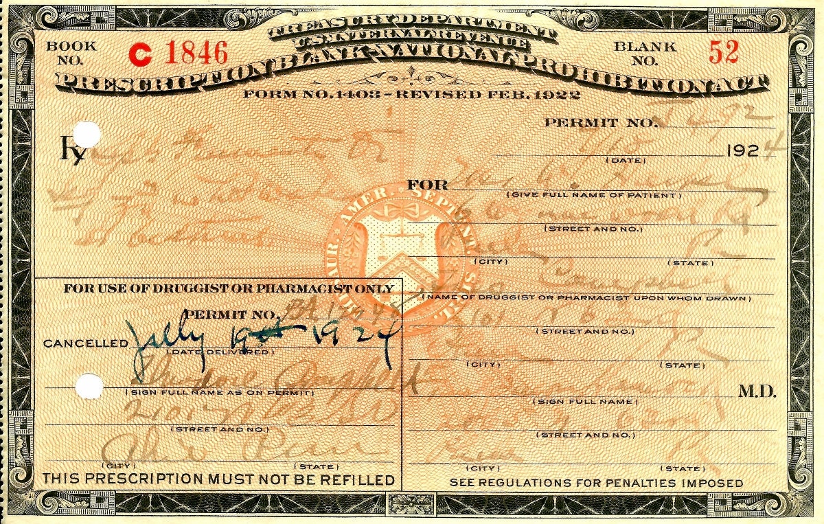 Original 1924 Whiskey PROHIBITION Prescription Antique Doctor Hancock Penn State Drug Store Philadelphia PA Pharmacy Bar