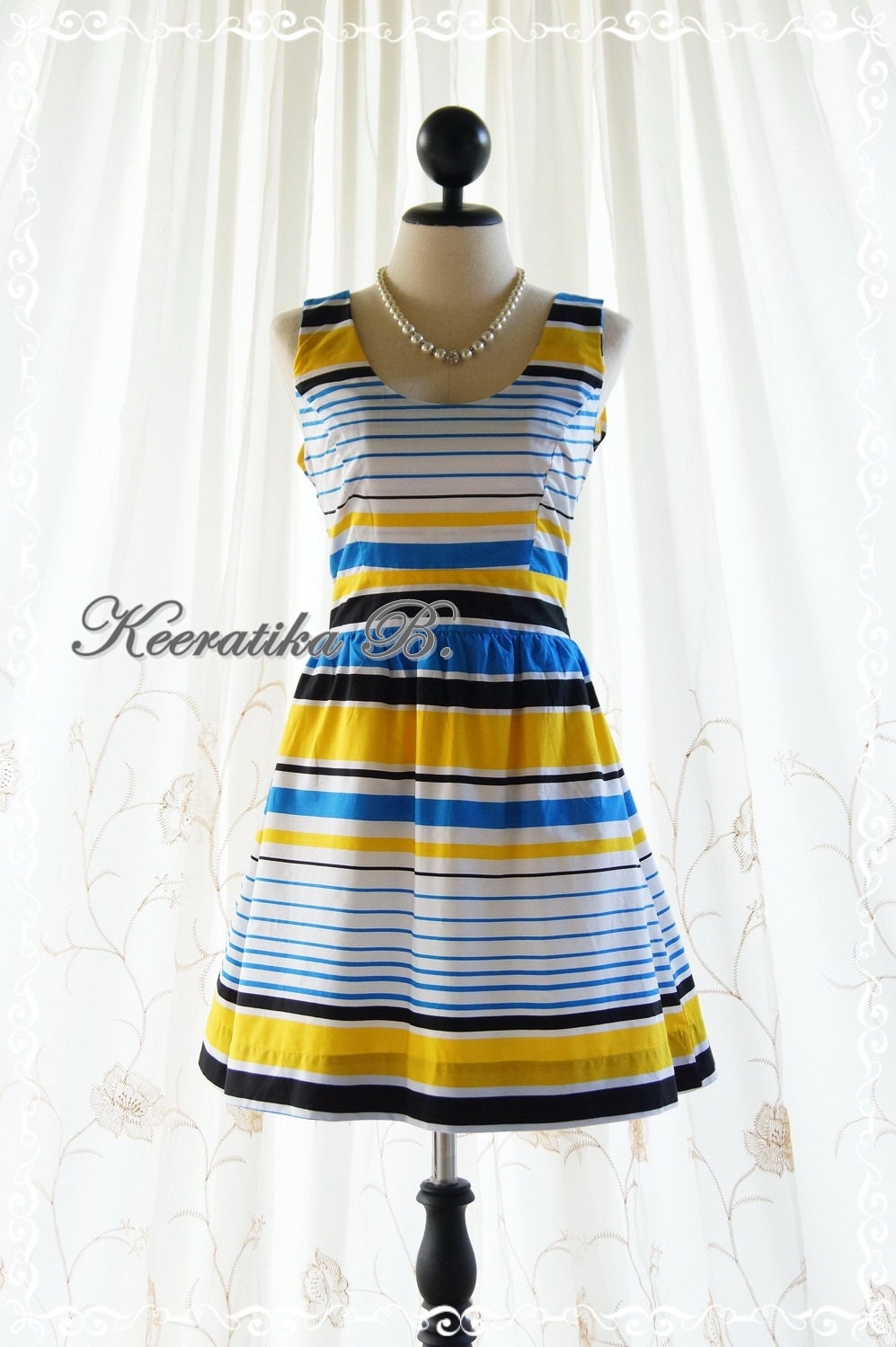 Colorful Stripe Dress Blue Yellow Black White Colors Simply Casual Party Bridesmaid Tea Dress Vintage Style