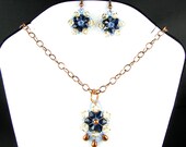 Dark Indigo and Sand Crystal Woven Copper Earrings and Necklace Set