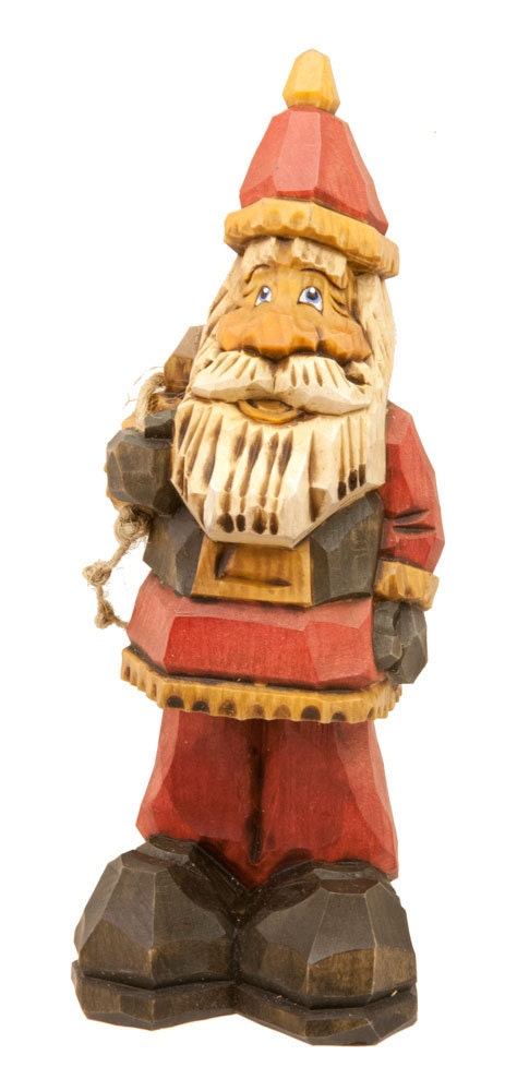 Hand Carved Wooden Santa in Traditional Red Coat and Hat, Black Belt Holding a Sack