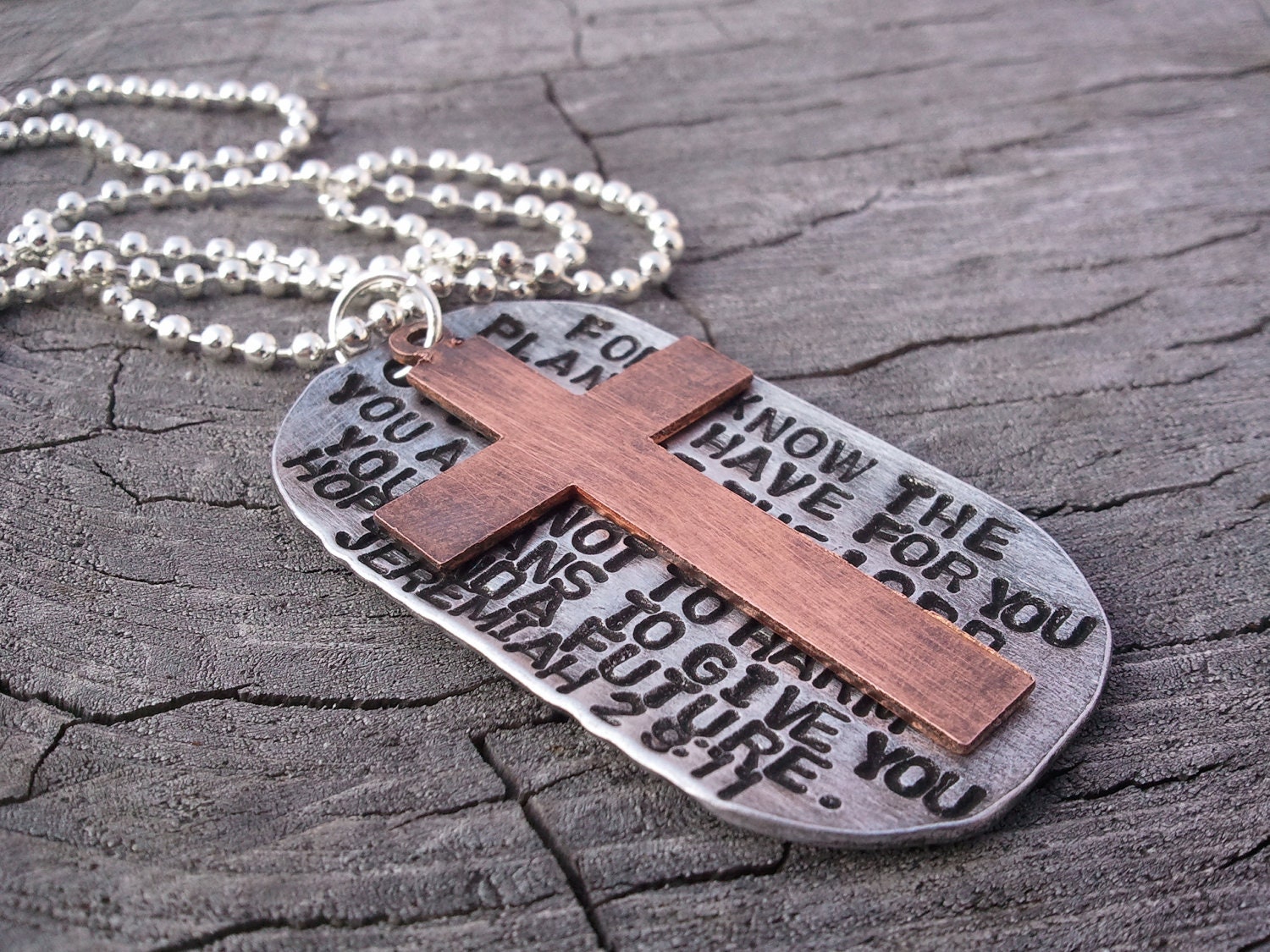 Mens Dog Tag Bible verse necklace..with copper cross..Jeremiah 29 11 OR custom bible verse..Hand Stamped..stainless steel ball chain