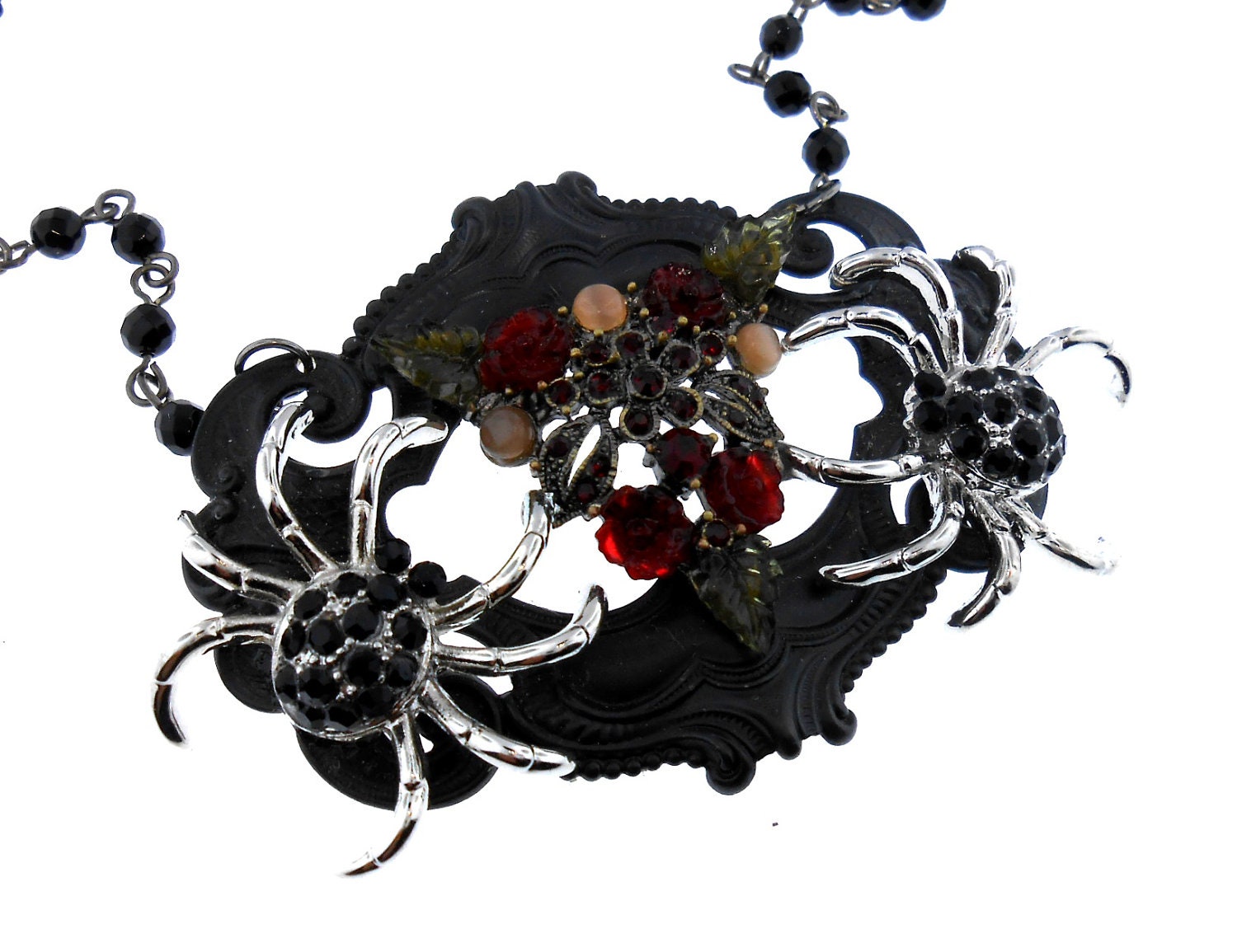 Gothic/Renaissance/Dark Romance - Jeweled Double Spider & Flowers Center Piece with Onyx Beaded Chain Necklace