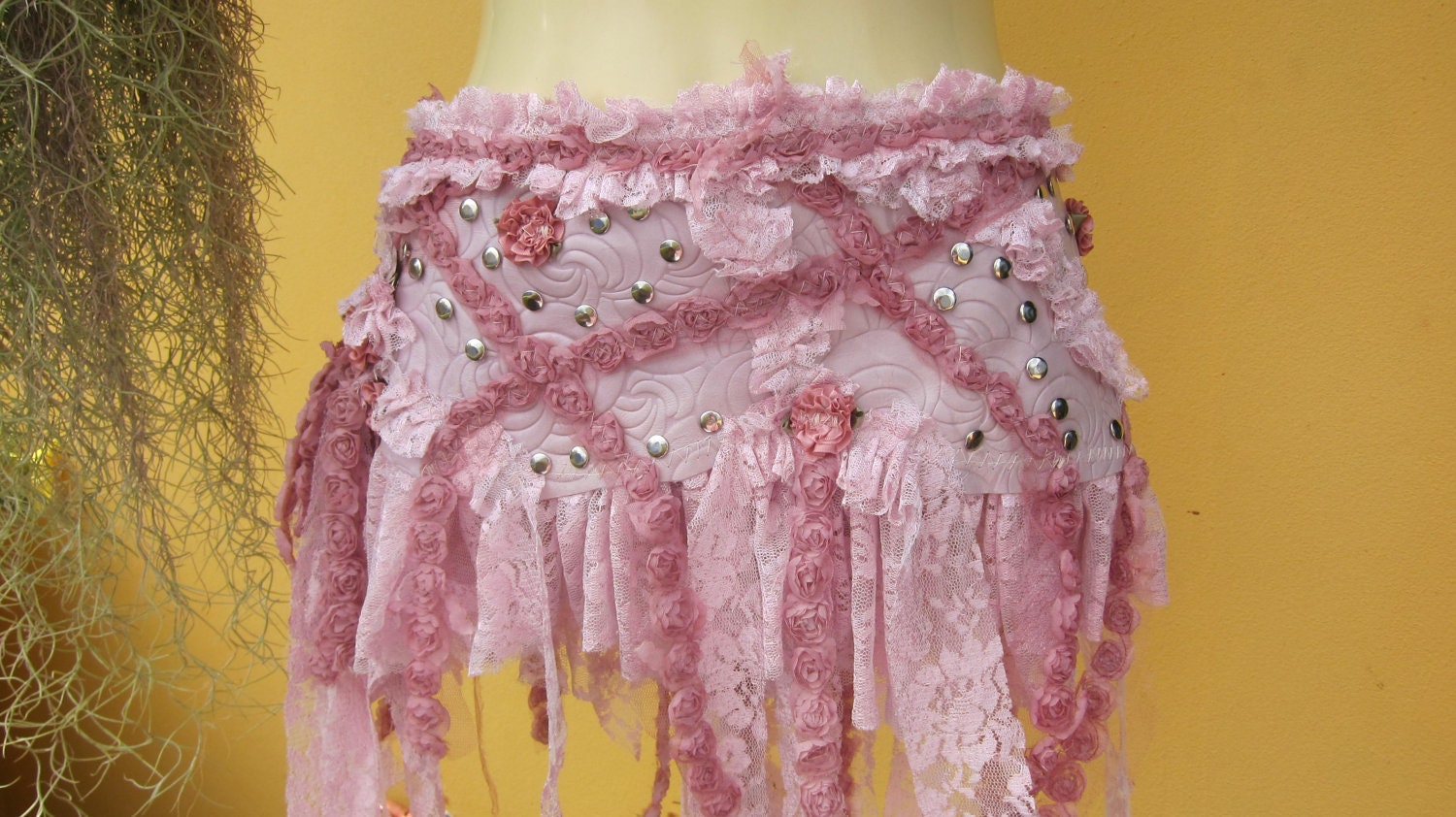 bohemian inspired waxsweet pink leather skirt/belt with lace ruffles,studs and roses....
