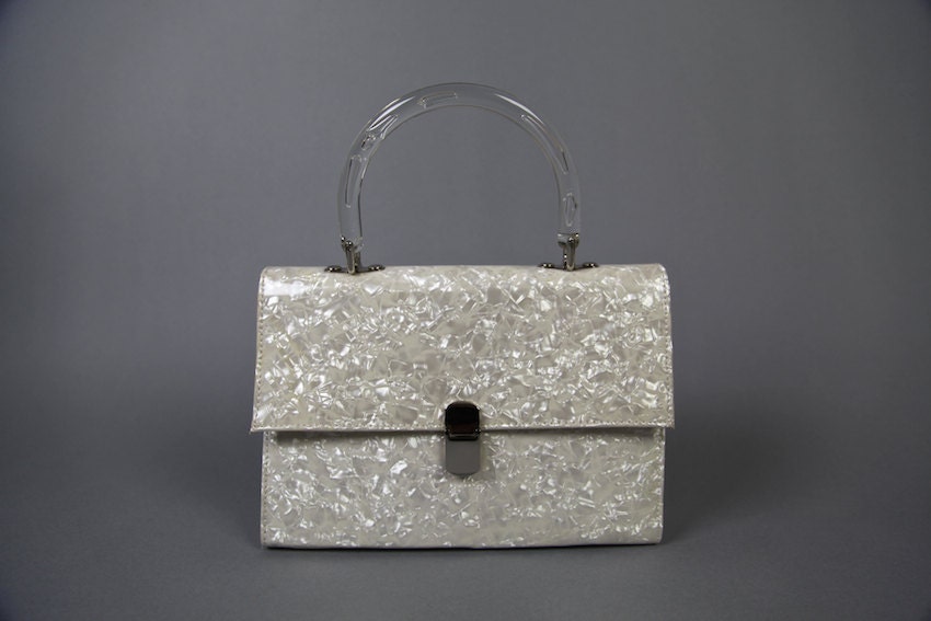 vintage purse, 1990's icy prismatic vinyl shoulder bag with plastic handle.