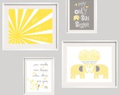You Are My Sunshine Wall Art Harper Yellow and Grey Elephant Print Set for girl or boy  8x10 and 5x7 - Eclectic Style Wall Art - YassisPlace