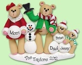Bear Family of 4 with Snowman  HANDMADE POLYMER CLAY Personalized Christmas Ornament
