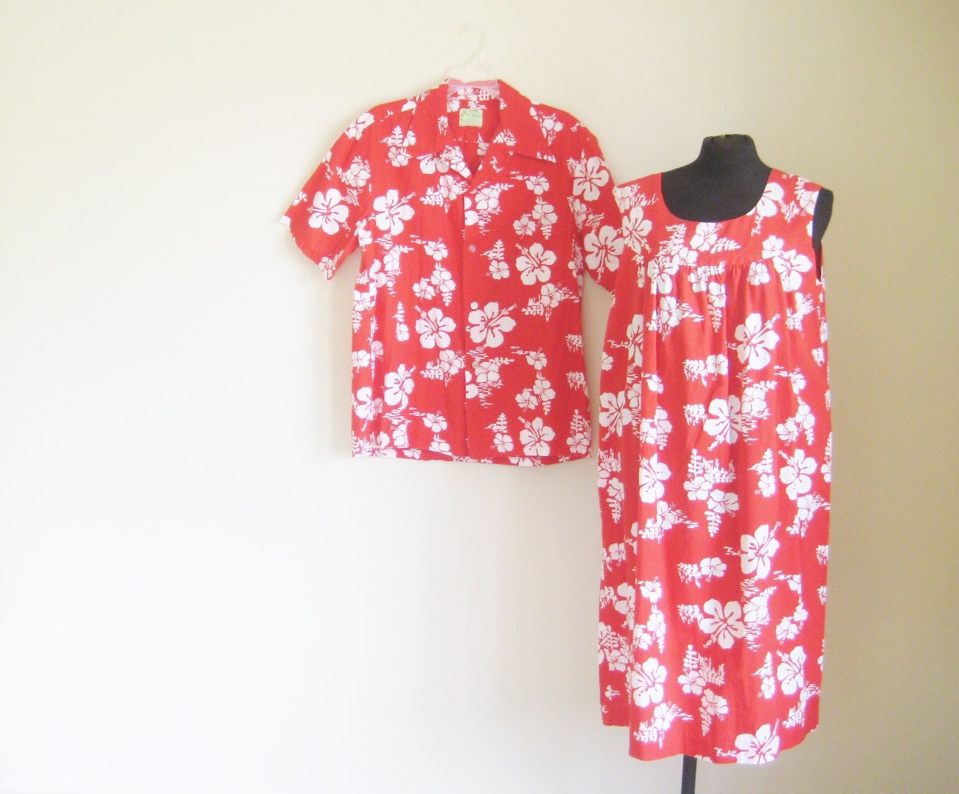 Vintage 60's Ui-Maikai Red Hawaiian Shirt and Dress Set