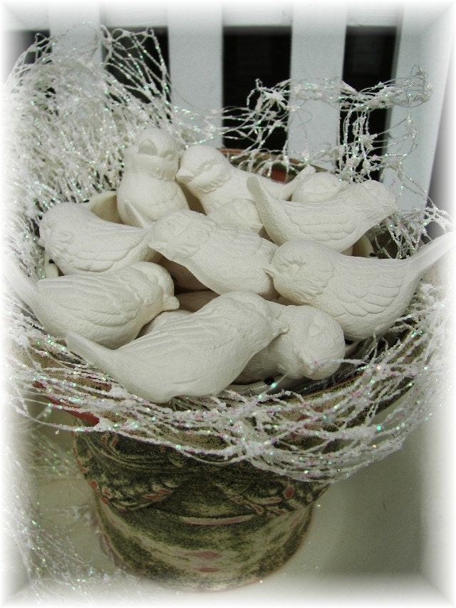 White Vintage Ceramic Birds Set of 8