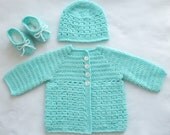 CLEARANCE SALE: Crocheted Unisex Block Stitch Mint Baby Sweater Set, 3M-6M