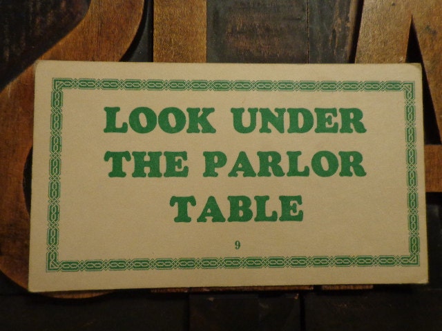 SALE, Hunt for Christmas, Party Treats,  U pick Lg  Letterpress 1950s Graphic  Sentence cards, Green & Cream,  CLUE gifts, See Ideas