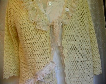 Altered Couture Sweater, shabby cottage cotton sweater vintage lace, upcycled clothing, LARGE