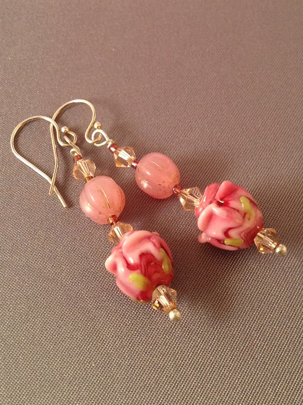 Pink Rose Beaded Dangle Earrings with Cranberry & Pale Pink Accents, Sterling Silver earWires - lamp work beads