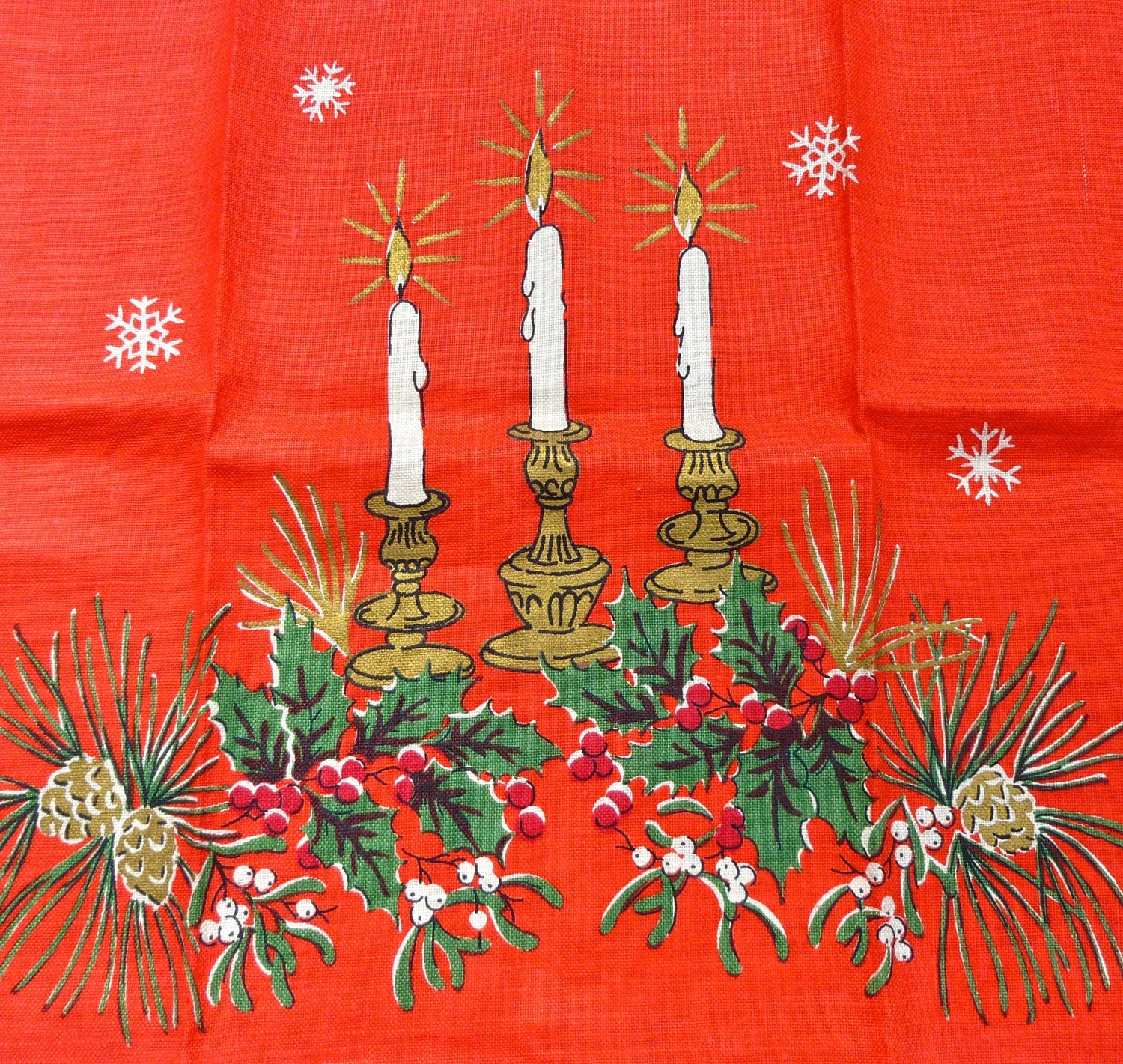 Holly, Candles, and Pine Cones -  Vintage Tea Towel Mid Century Modern Christmas in Bright Red