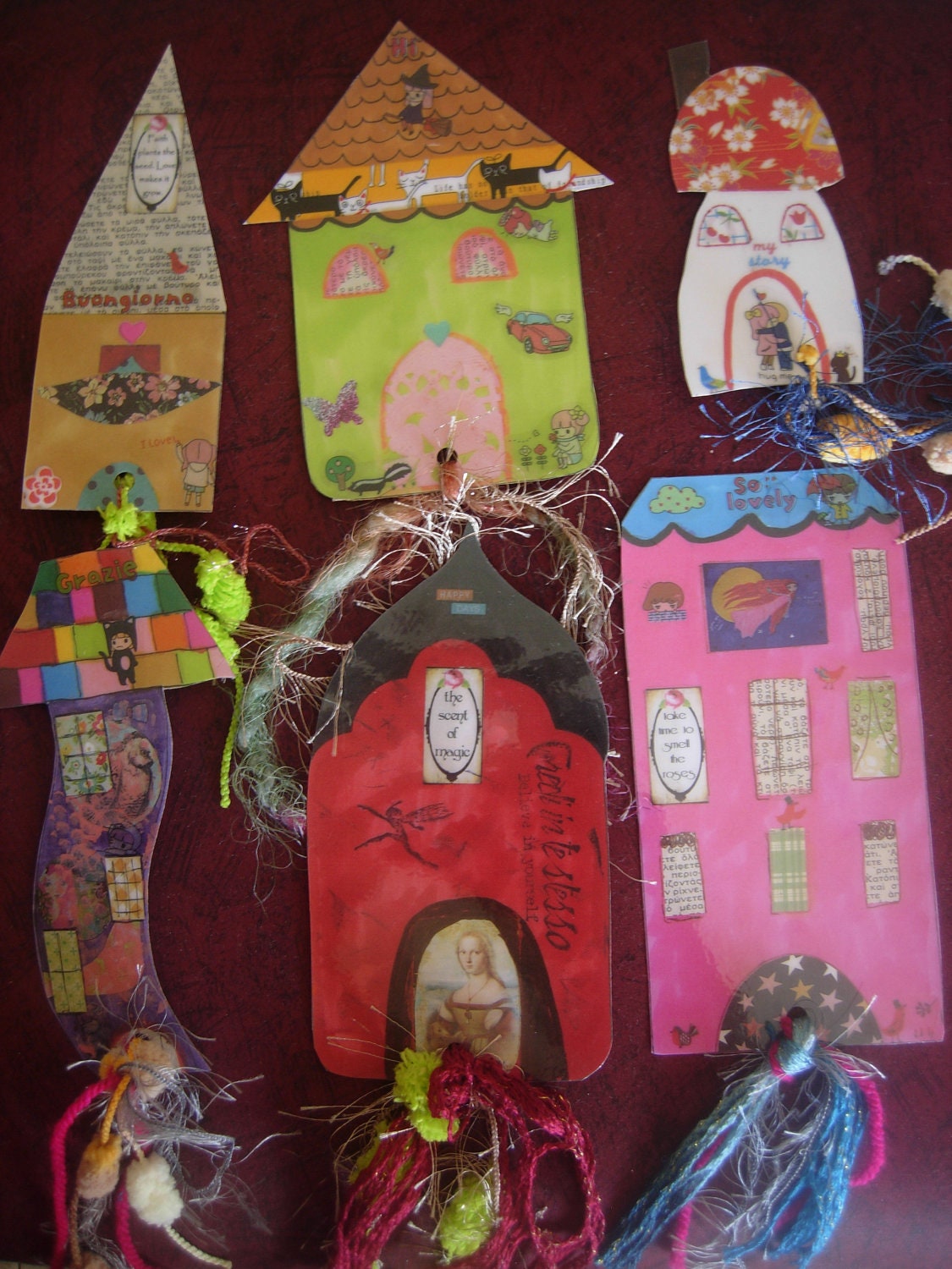 Whimsical Houses -Laminated Bookmarks with Ribbons and Trims- set of 6