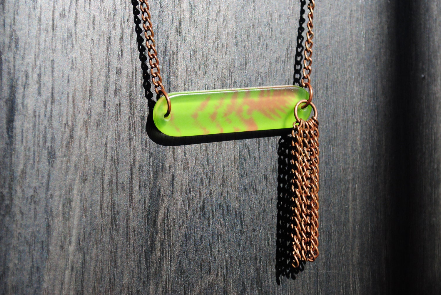 Subtle leaf Copper necklace - green pendant with faint leaf print - copper chain dangle