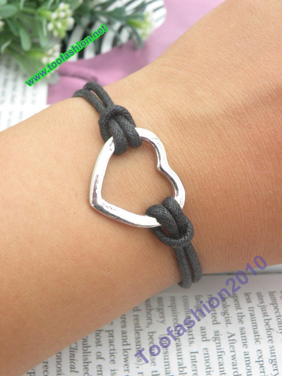 SALE - retro silver heart shape with black wax rope chain bracelet pendant jewelry vintage style