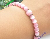 SALE Pretty retro silver bow pink cat's eye beads hand chain bracelet pendant jewelry punk style