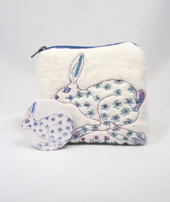 Wet Felted Coin Purse Wallet Embroidered Running Hare & Mirror