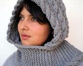 Cabled Marion Grey Hood Hat  soft Acrilyc Yarn Hat  Hand Knit Cabled Scarf Hood Womens Fall Winter Accessories NEW