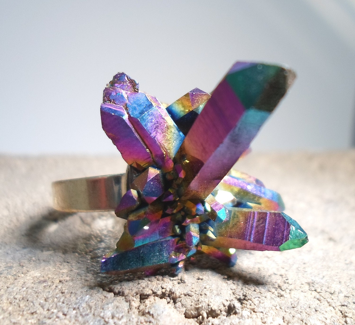 Titanium Aura Quartz Crystal Flame Rainbow Bold Statement Ring