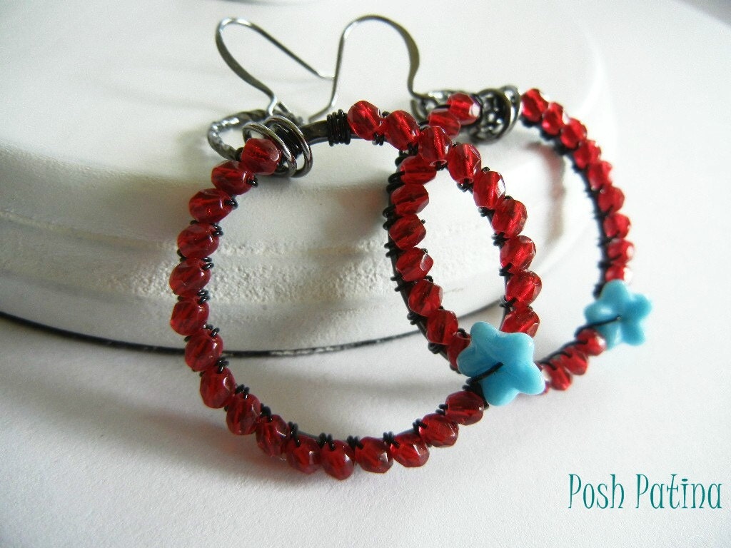 Island Girl - Tropical Red and Ocean Turquoise Blossom Wrapped Hoop Earrings
