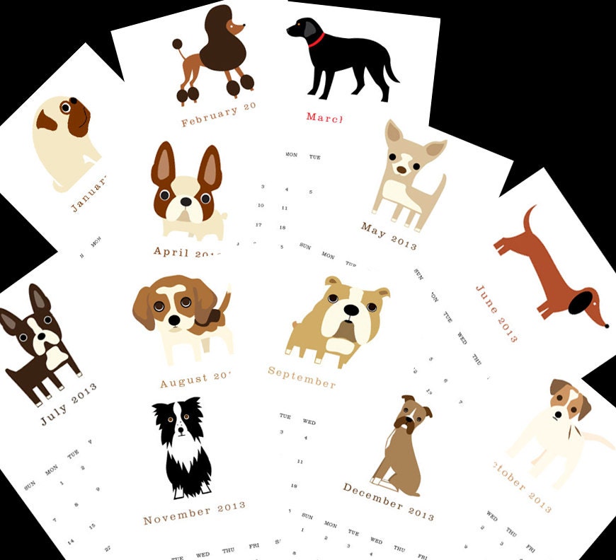 2013 dog calendar. Twelve (12) adorable dog illustrations, one for each month 5.5" x 8.5"