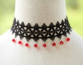 Victorian Gothic Lolita Black lace NECKLACE with Red Crystal  Vampire Queen Party Jewelry for Women - adjustable length 12.6" - 15"(NL009)